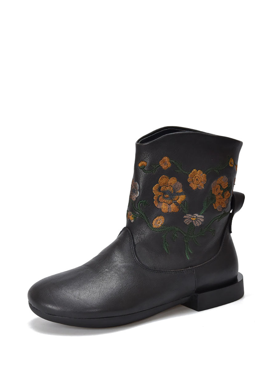 Bottes à talons bas en cuir avec broderie florale vintage pour femmes AX1050