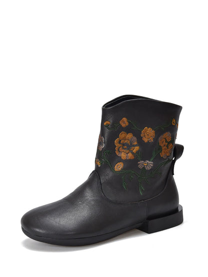 Damen Stiefeletten aus Leder mit Vintage-Blumenstickerei und niedrigem Absatz AX1050