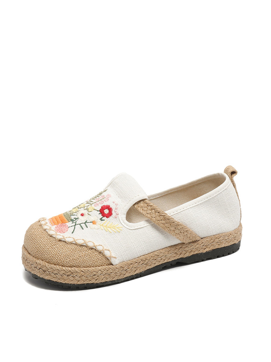 Women Summer Artsy Flower Embroidery Linen Cotton Shoes AT1080