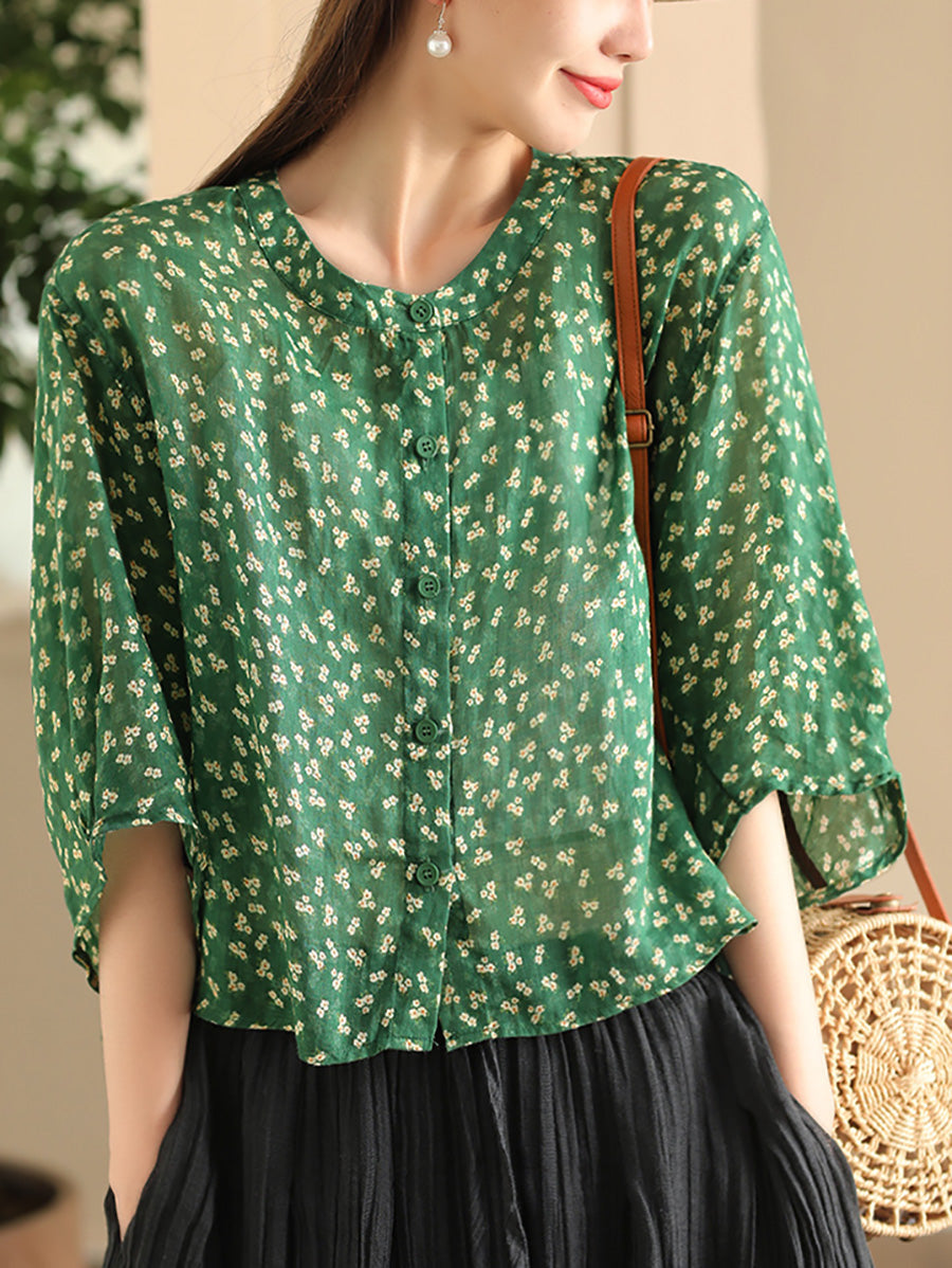 Women Summer Artsy Floral O-Neck Thin Shirt FD023