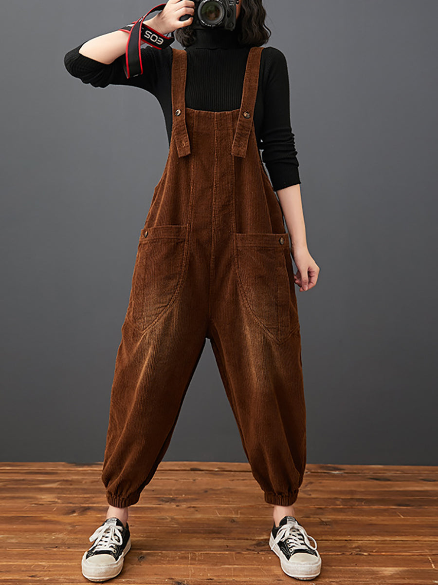 Women Commute Autumn Solid Corduroy Loose Jumpsuits AK1022