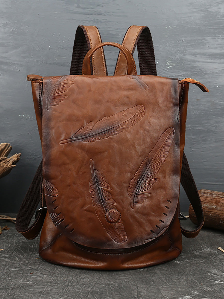 Women Vintage Leather Feather Embossing Backpack AH1089