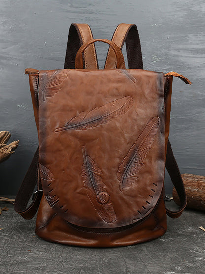 Damen Vintage Leder Rucksack mit Federprägung AH1089