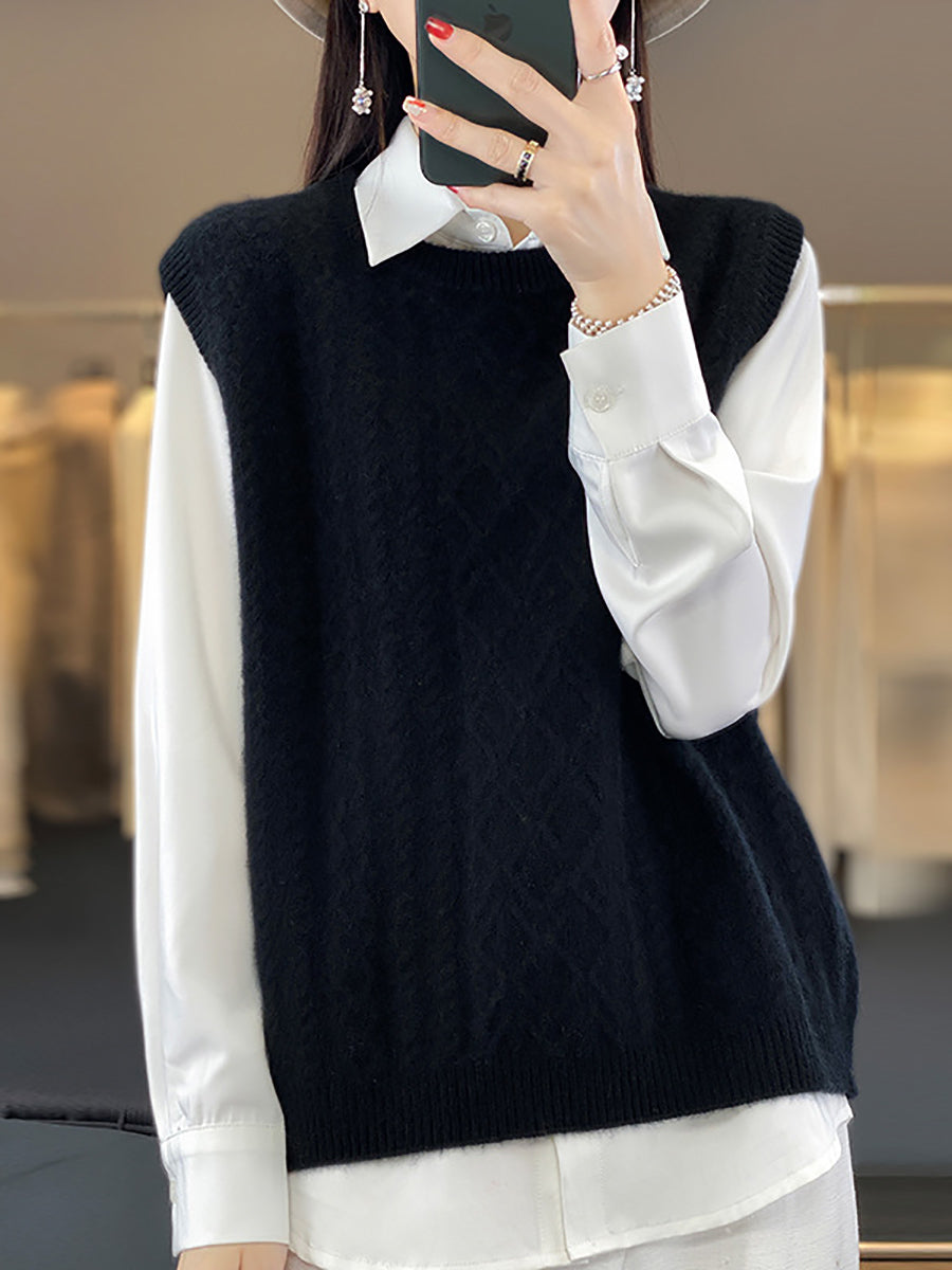 Women Casual Wool O-Neck Twist Knit Vest QU007