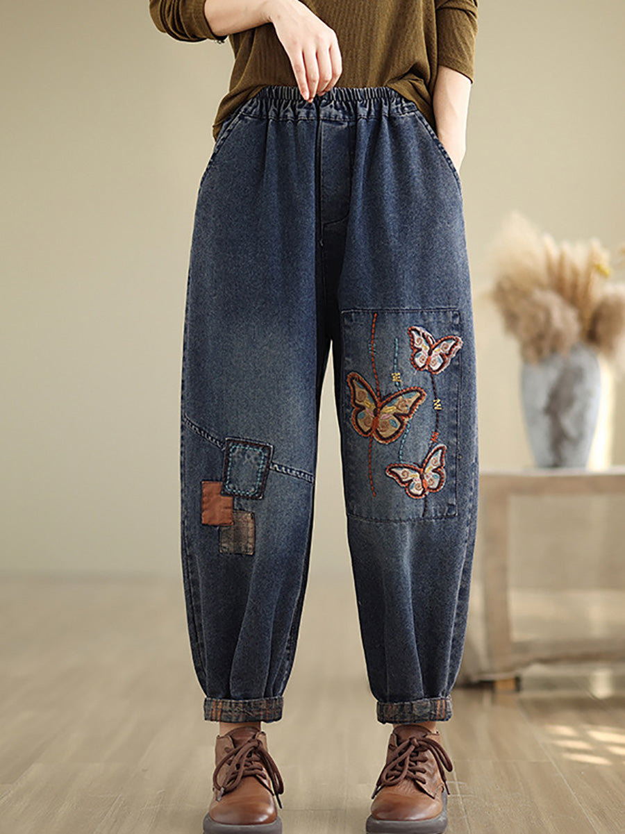 Women Autumn Artsy Butterfly Embroidery Denim Harem Pants AI1078