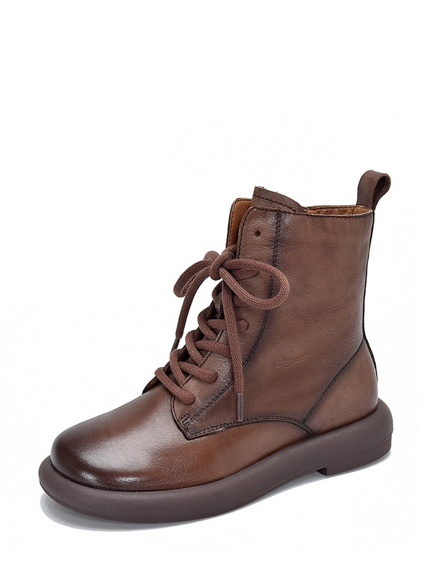 Bottes Martin à talon moyen et fermeture éclair souple en cuir véritable pour femmes QU022