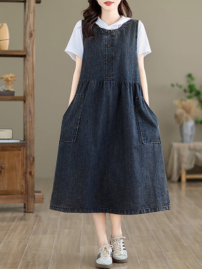 Women Casual Summer Solid Denim Vest Dress BN1012