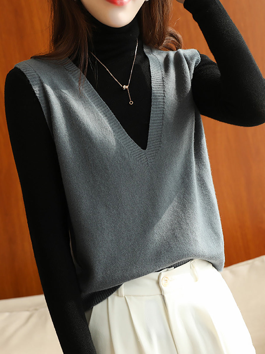 Women Casual Wool Solid V-Neck Knit Vest AK1045