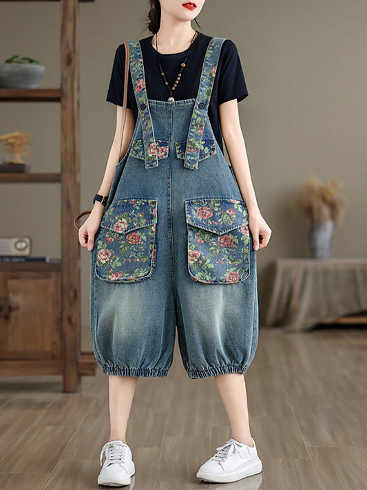 Women Summer Retro Flower Spliced Denim Jumpsuits BN1030