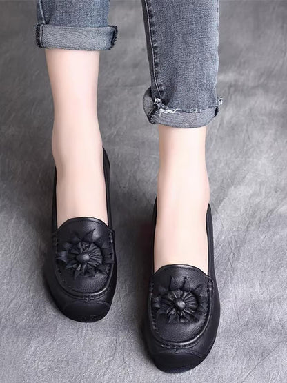 Women Vintage Flower Genuine Leather Low Heel Shoes AS1005