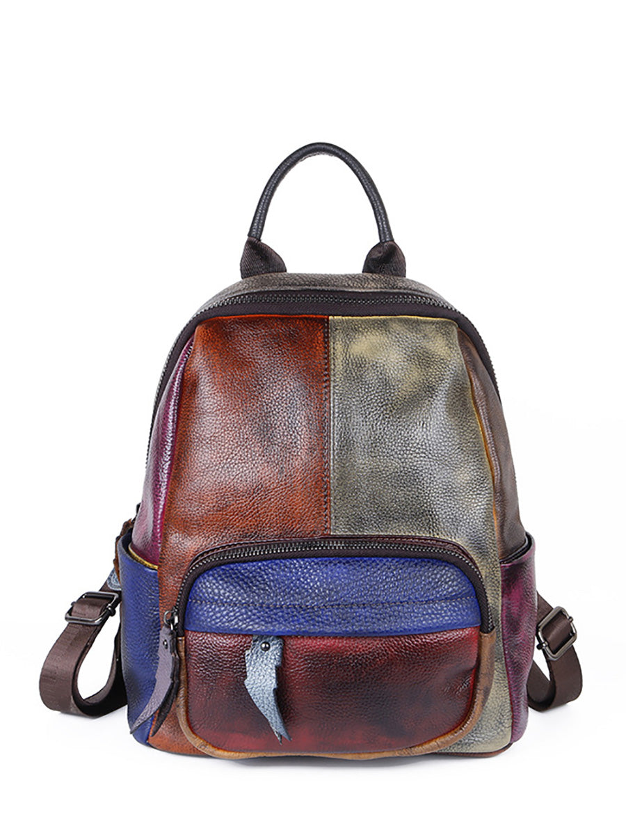 Women Colorblock Hand Painted Outdoor Leather Backpack AH1072