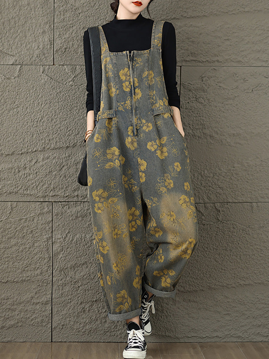 Women Autumn Retro Flower Zipper Denim Jumpsuits AX1002