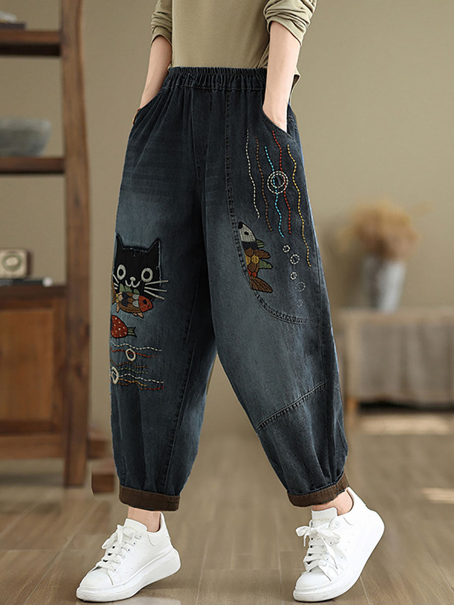 Pantalon sarouel en denim épissé avec patch de chat décontracté pour femme, automne AV1004 