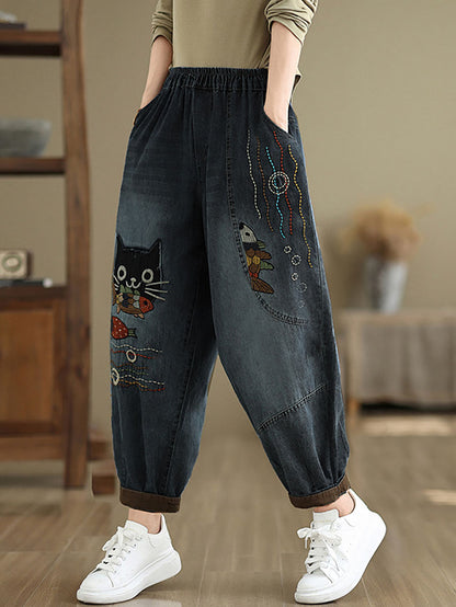 Women Autumn Casual Cat Patch Spliced Denim Harem Pants AV1004