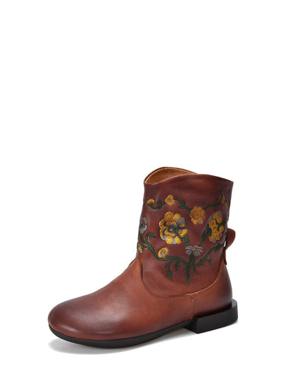 Damen Stiefeletten aus Leder mit Vintage-Blumenstickerei und niedrigem Absatz AX1050