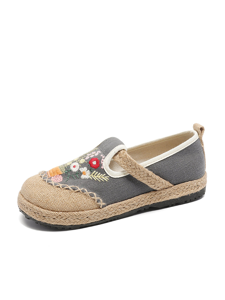 Women Summer Artsy Flower Embroidery Linen Cotton Shoes AT1080