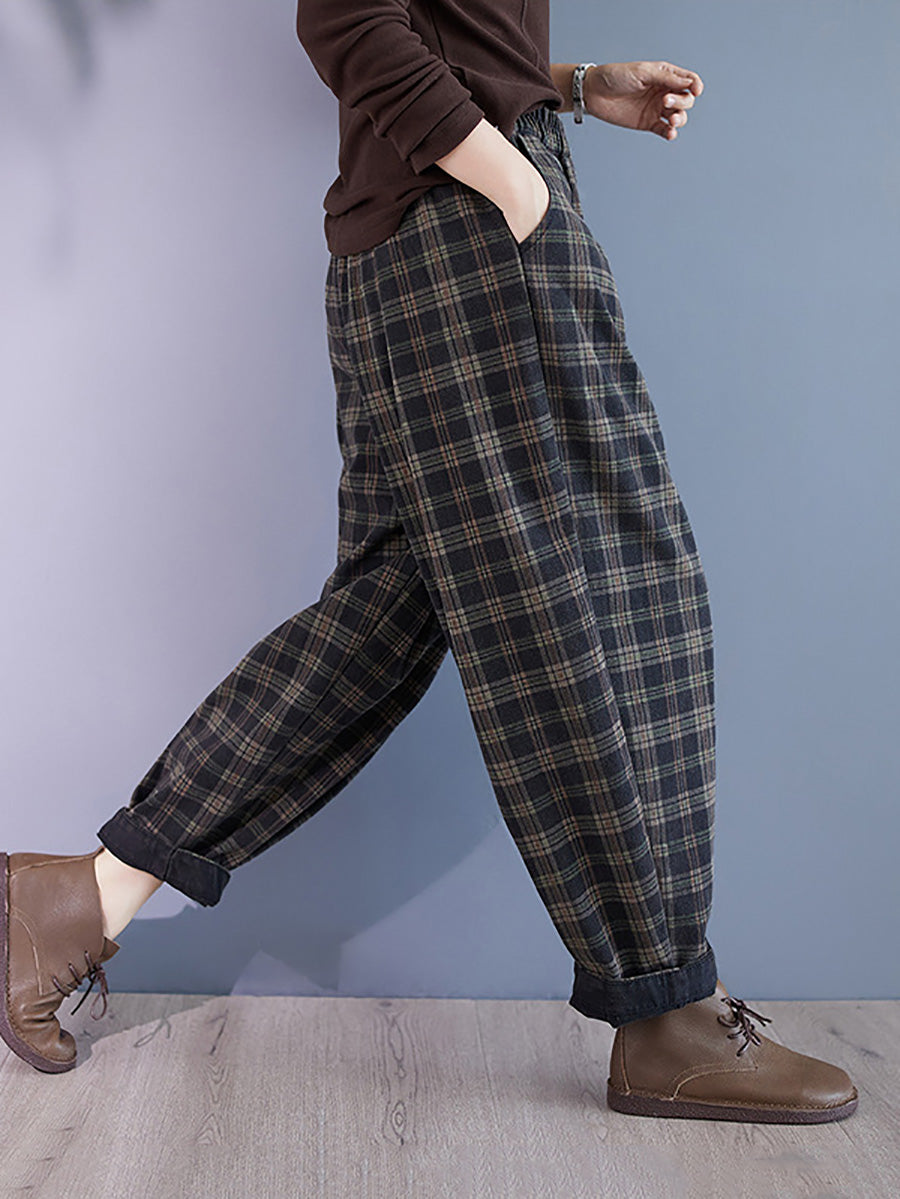 Women Autumn Retro Plaid Thick Cotton Harem Pants BA1036