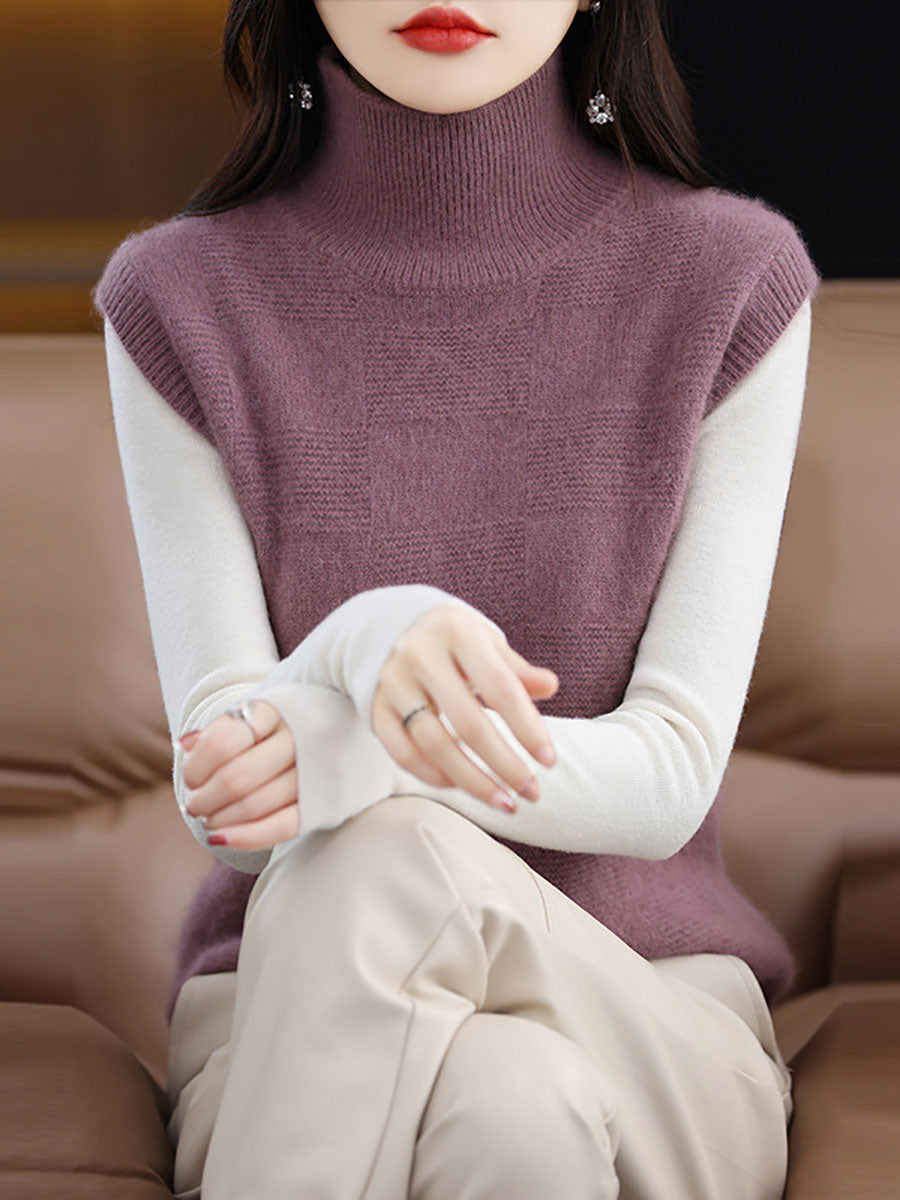 Gilet en tricot à carreaux à col roulé en laine décontracté pour femme BA1016