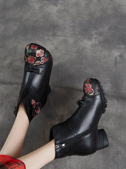 Bottes à talons mi-hauts en cuir épissé à fleurs ethniques pour femmes AI1019