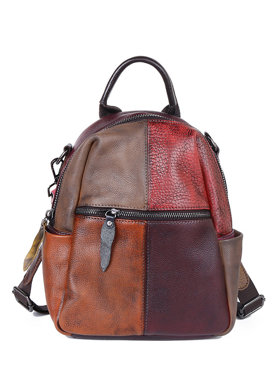 Women Colorblock Hand Painted Outdoor Leather Backpack AH1072