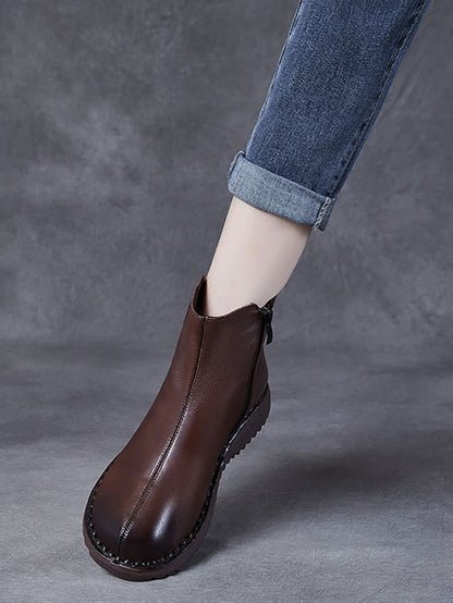 Bottes mi-talons rétro en cuir véritable avec fermeture éclair pour femmes AH1078