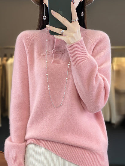 Women Autumn Vintage Half-Turtleneck 100%Wool Buckle Sweater BA1040