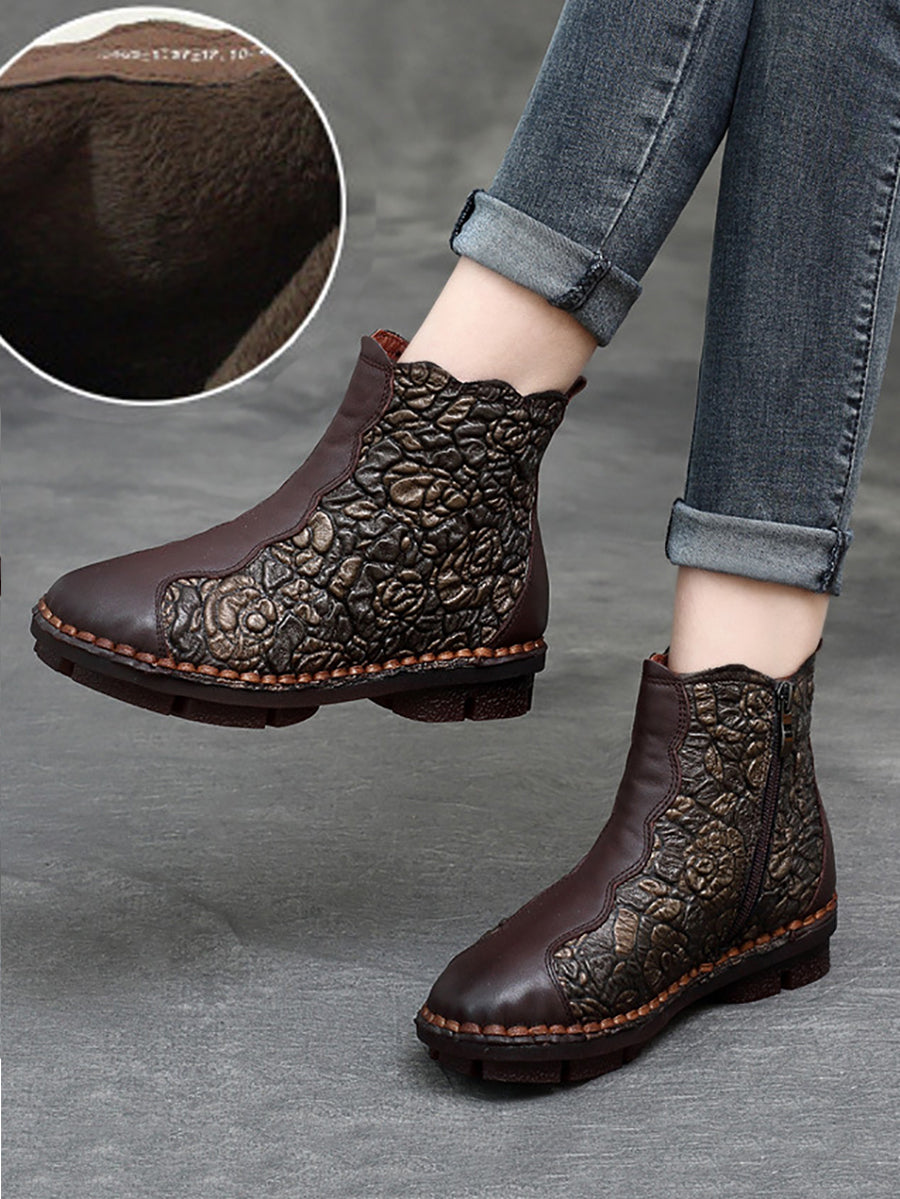 Women Retro Flower Leather Spliced Zipper Low Heel Boots AT1067