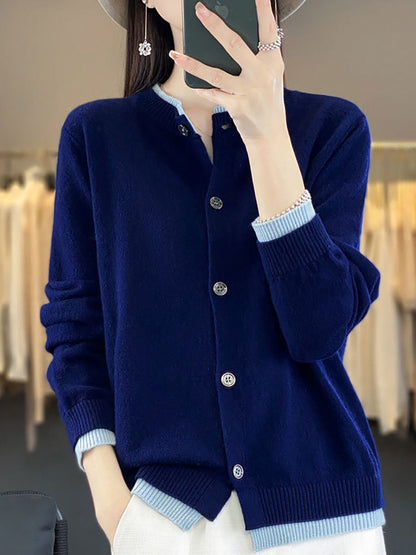 Women Autumn Colorblock Knit 100%Wool O-Neck Sweater QM006