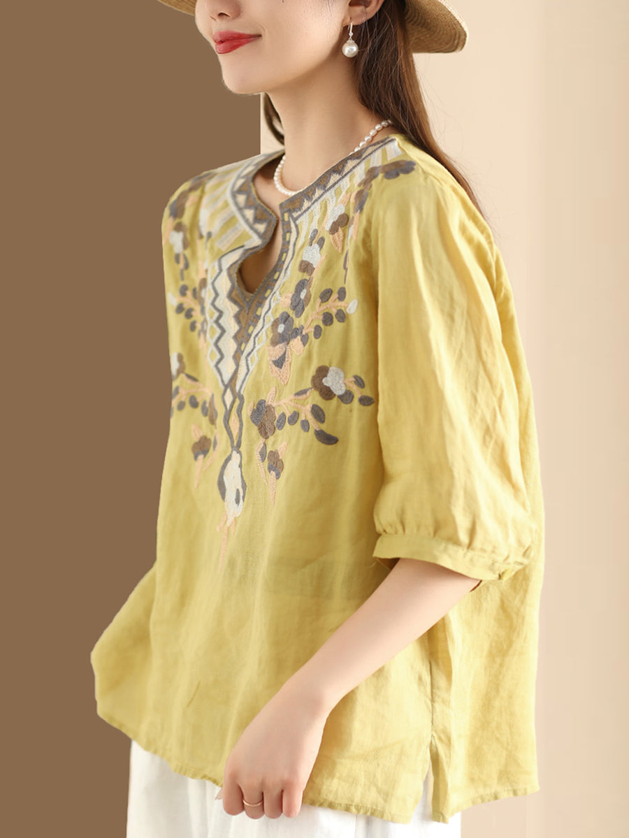 Women Summer Ethnic Flower Embroidery Ramie Shirt BN1009