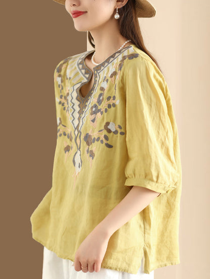 Women Summer Ethnic Flower Embroidery Ramie Shirt BN1009