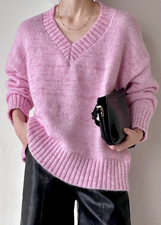 Lockerer rosa V-Ausschnitt-Strickpullover aus Baumwolle mit Hohlsaum, Herbst AF1091 