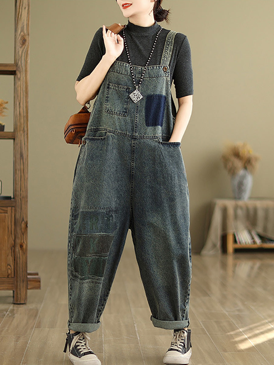 Damen Retro Patchwork Loose Washed Denim Overalls AH1080 