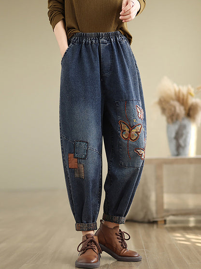 Women Autumn Artsy Butterfly Embroidery Denim Harem Pants AI1078