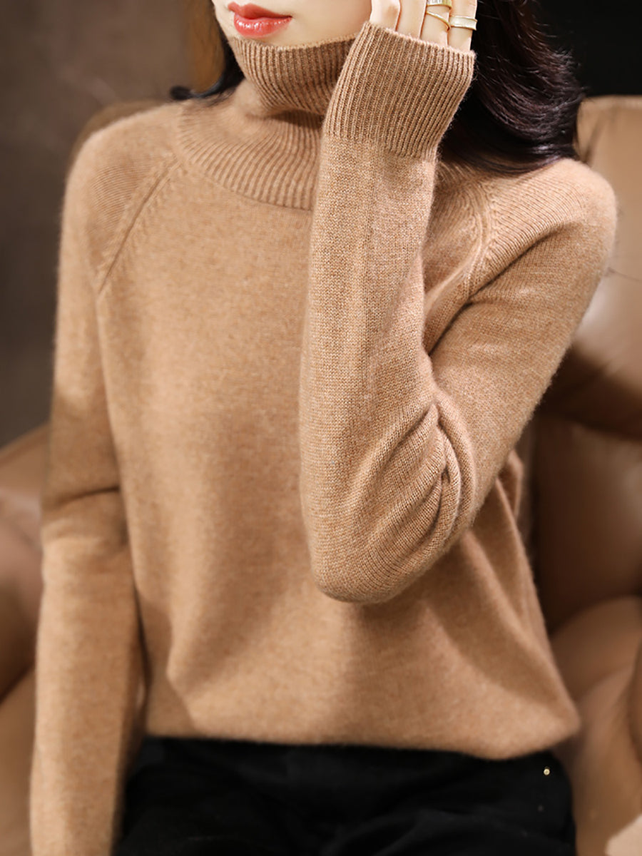 Women Autumn Solid Knit 100%Wool Turtleneck Sweater QM031