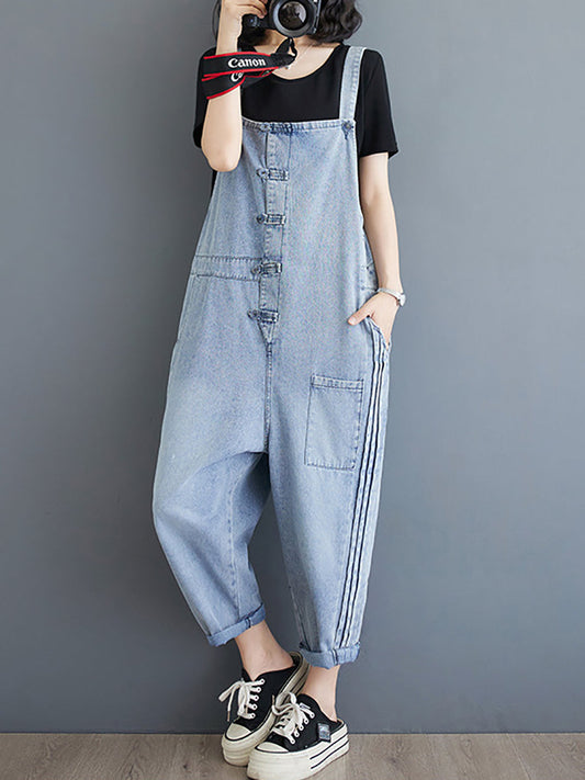 Women Summer Casual Solid Denim Shirred Jumpsuits AT1032