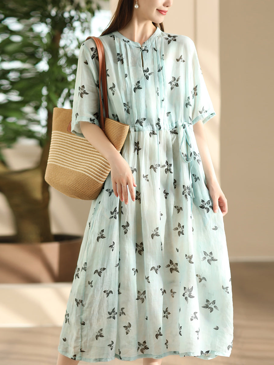 Women Summer Flower Shirred Artsy Strap Waist Dress RR023