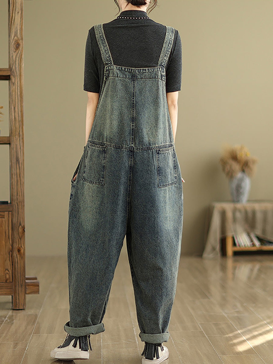 Women Retro Patchwork Loose Washed Denim Jumpsuits AH1080