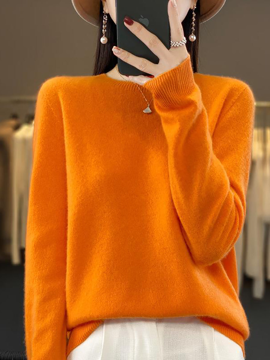 Women Autumn Solid Knit 100%Wool O-Neck Sweater WU023