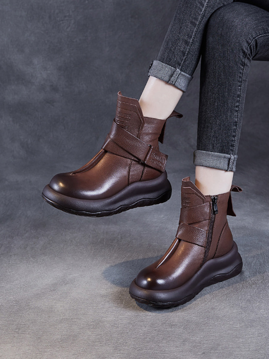 Bottines à plateforme épissées en cuir véritable vintage pour femmes QU002