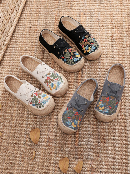 Women Summer Vintage Flower Embroidery Linen Cloth Shoes AT1068