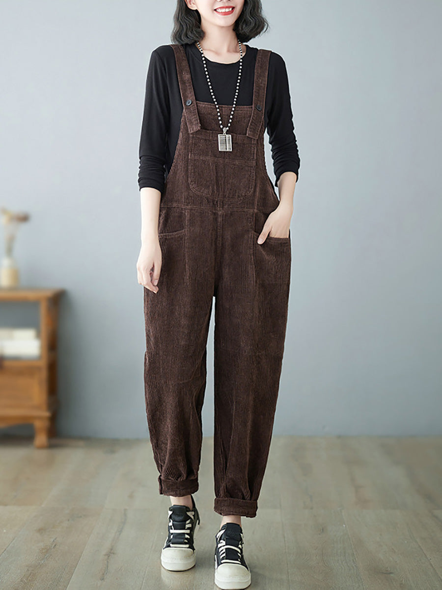 Women Casual Autumn Solid Corduroy Loose Jumpsuits AH1009