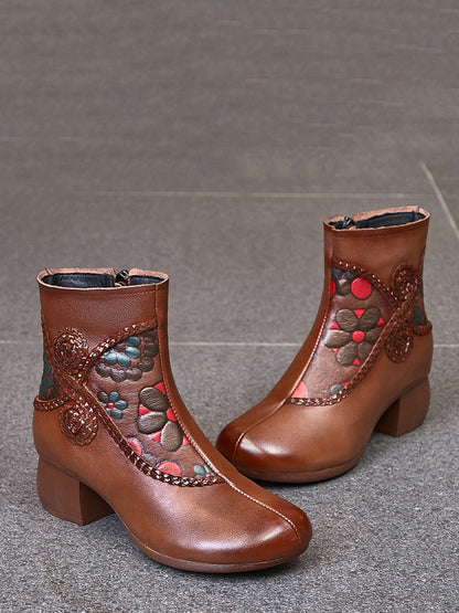 Bottes d'hiver ethniques à talons mi-hauts en cuir épissé à fleurs pour femmes AI1013