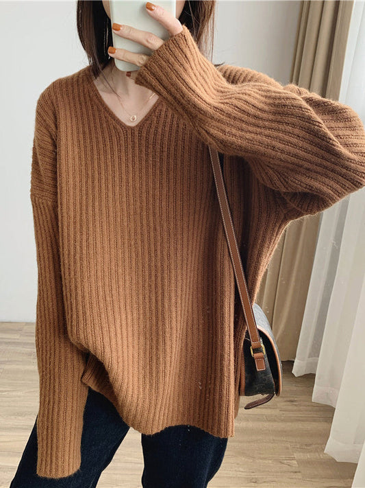 Pull en tricot rayé à manches longues et col en V vintage caramel QX001 