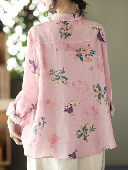 Damen Vintage Floral Frühling Button Up Ramie Bluse AT1089