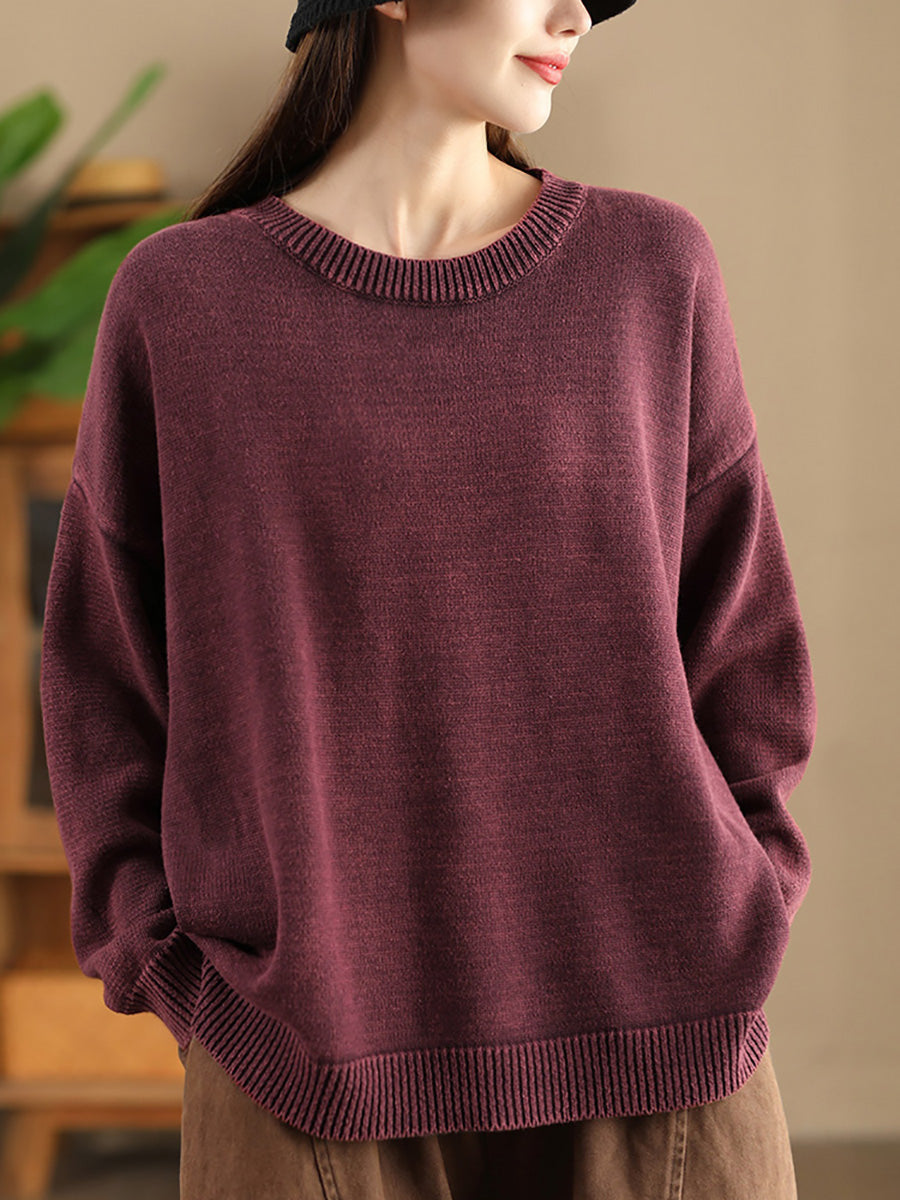 Damen Herbst Casual O-Ausschnitt Reine Farbe Strickpullover AK1028