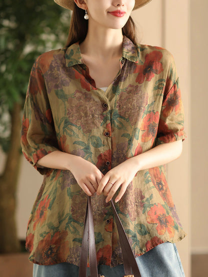 Women Summer Vintage Flower Patch Spliced Ramie Shirt FD039