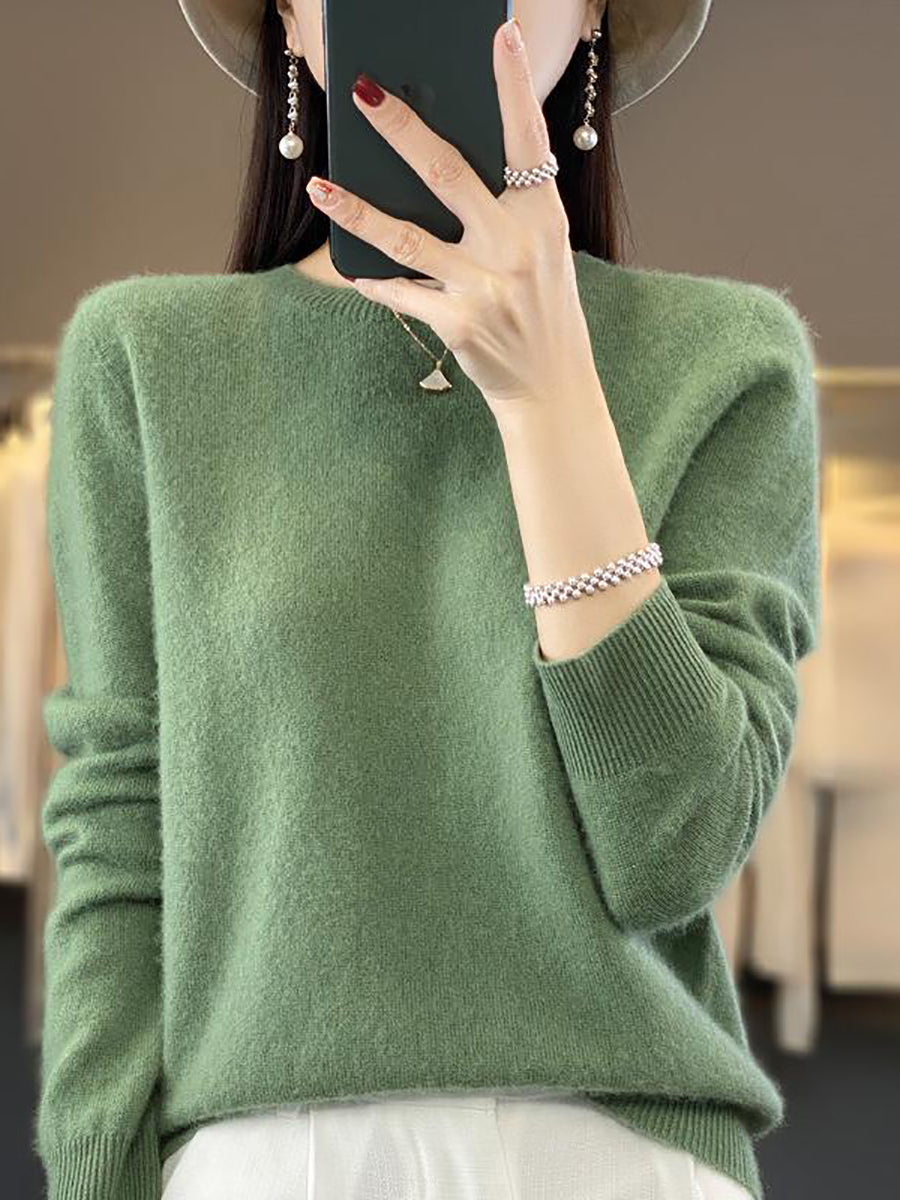 Women Autumn Solid Knit 100%Wool O-Neck Sweater WU023