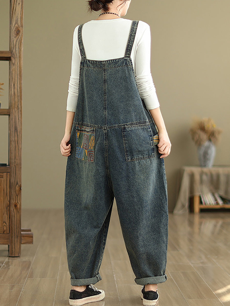 Lässiger Patchwork-Overall aus lockerem Denim für Damen 