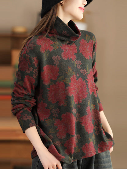 Women Vintage Autumn Flower Turtleneck Sweatshirt AK1023