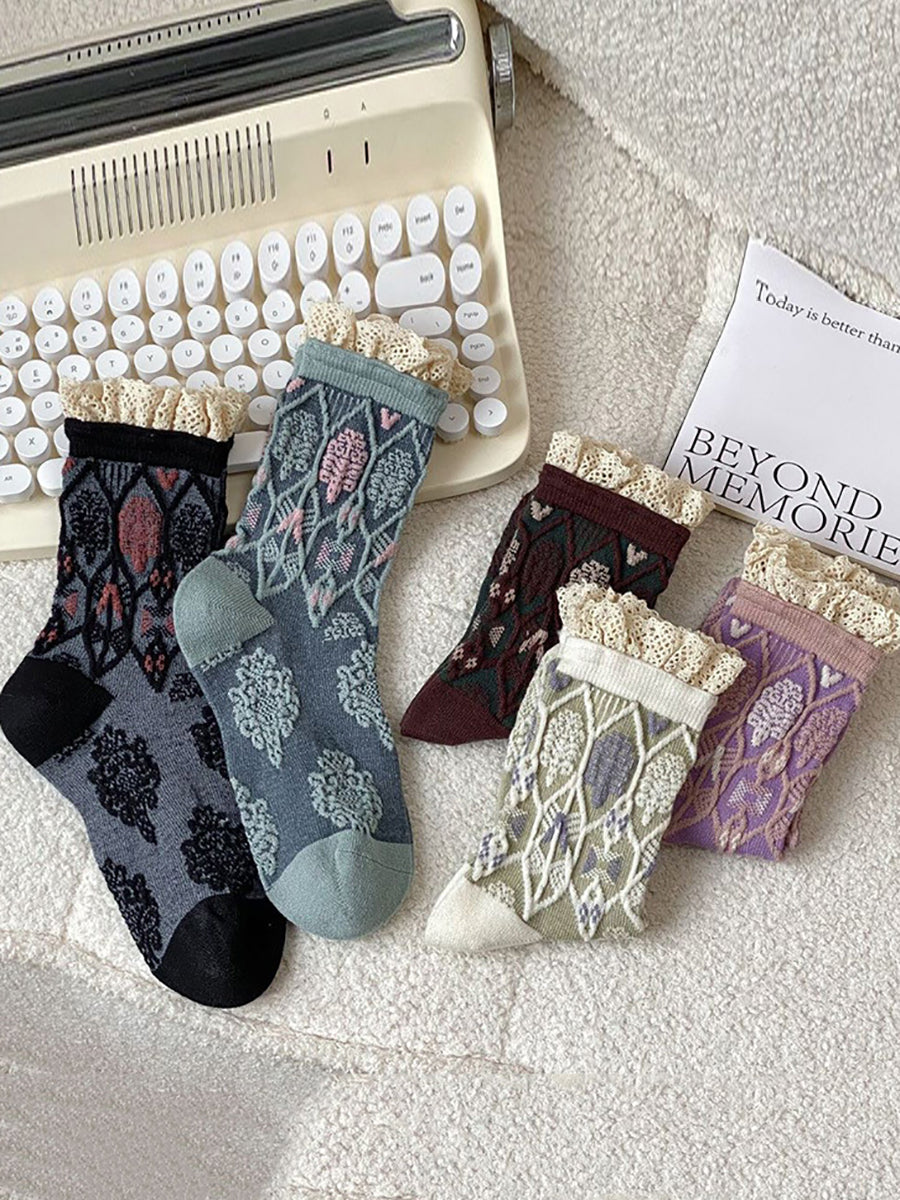 5 Pairs Women Autumn Artsy Flower JAcquard Cotton Socks QM009